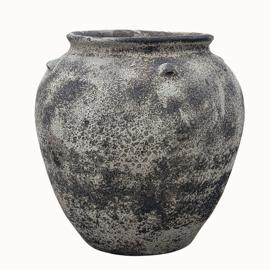 Large Ancient Stone Plant Pot with a weathered salt glaze finish, featuring a rounded shape and subtle decorative handles for a timeless garden look.