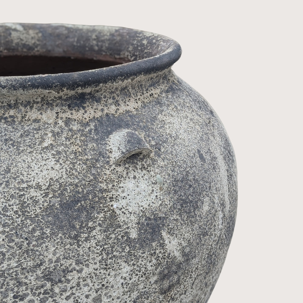 Close-up of the Large Ancient Stone Plant Pot’s rim and handle detailing, showcasing its handcrafted texture and rustic patina.