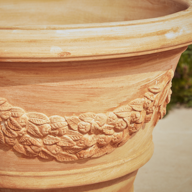 Arezzo Large Italian Terracotta Pot close up shot with ornate detailing