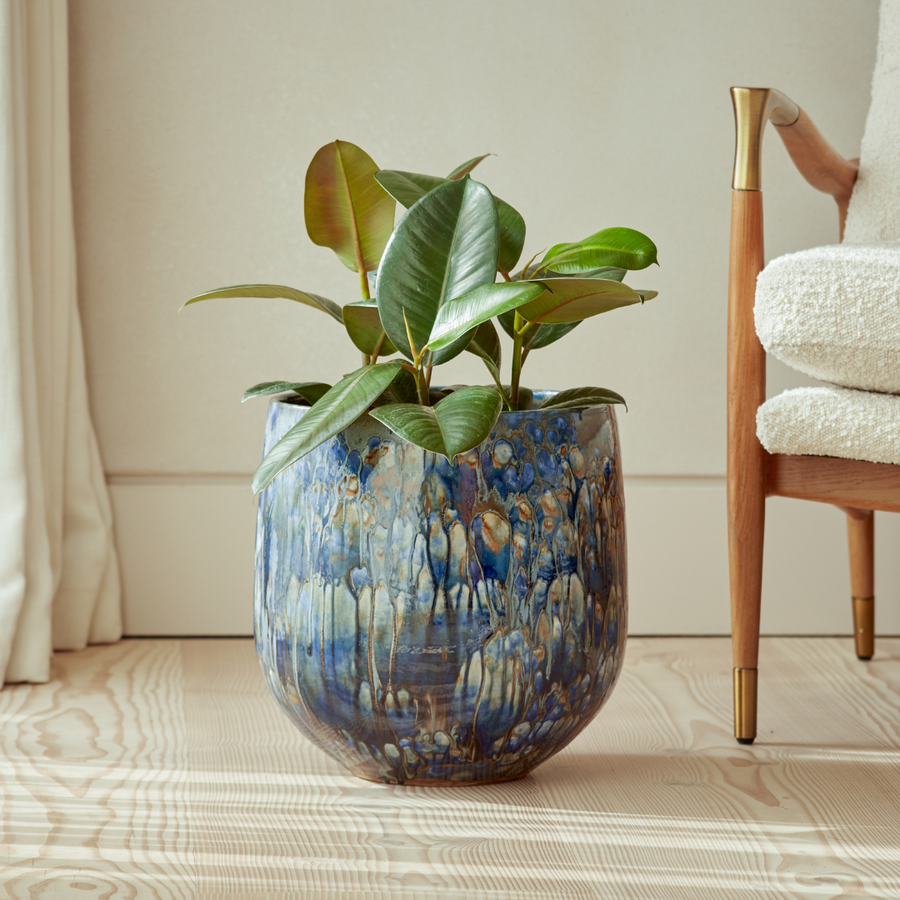 Azura Indoor Plant Pot with a deep blue glaze and artistic textured finish, styled in a modern interior with a rubber plant.