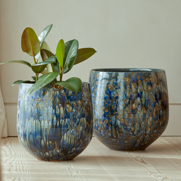 Azura Glazed Blue Indoor Plant Pots, two next to each other in different sizes