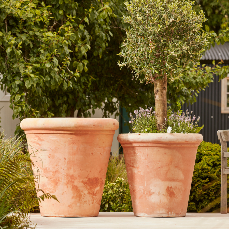 Two terracotta pots of varying sizes are placed side by side, showcasing their warm, earthy tones and rustic texture. One on the left is filled with vibrant greenery and delicate flowers, including white blooms and sprigs of lavender, adding a charming, natural touch to the scene.