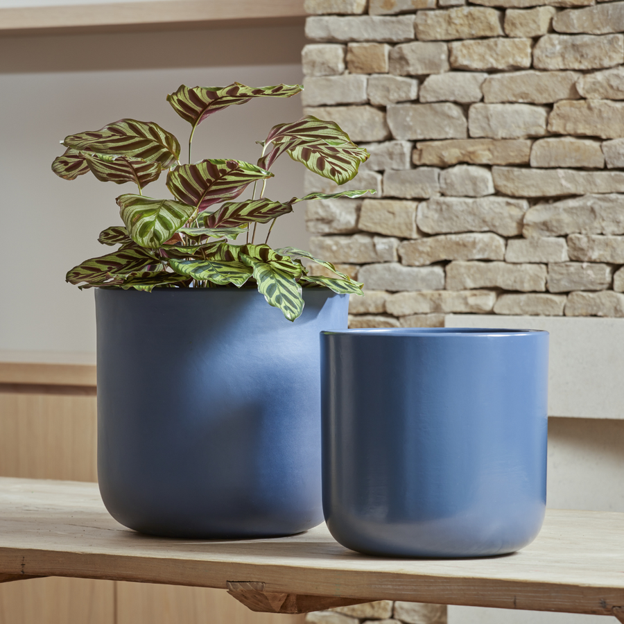 Nova Indoor Plant Pots in blue and neutral finishes, featuring a minimalist curved design, styled together on a wooden shelf.