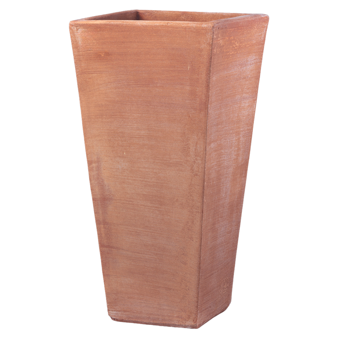 Sardinia Tall Square Tapered Terracotta Pot in a studio setting, showcasing its tall, modern design and natural kiln-fired finish. A handcrafted Italian planter ideal for outdoor and indoor use.