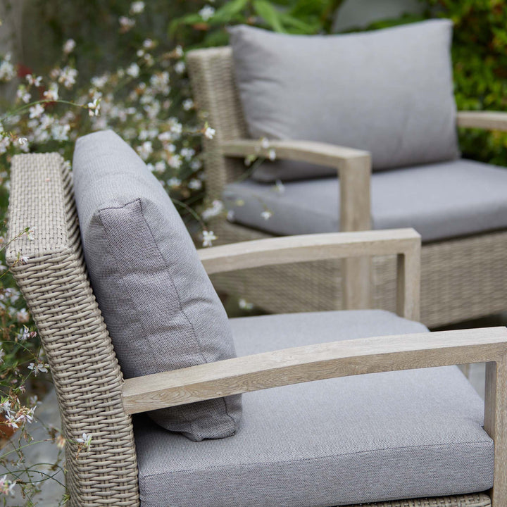 Sherwood Garden Sofa Set armchair featuring a curved wood-effect armrest and plush removable cushion for all-season outdoor comfort.