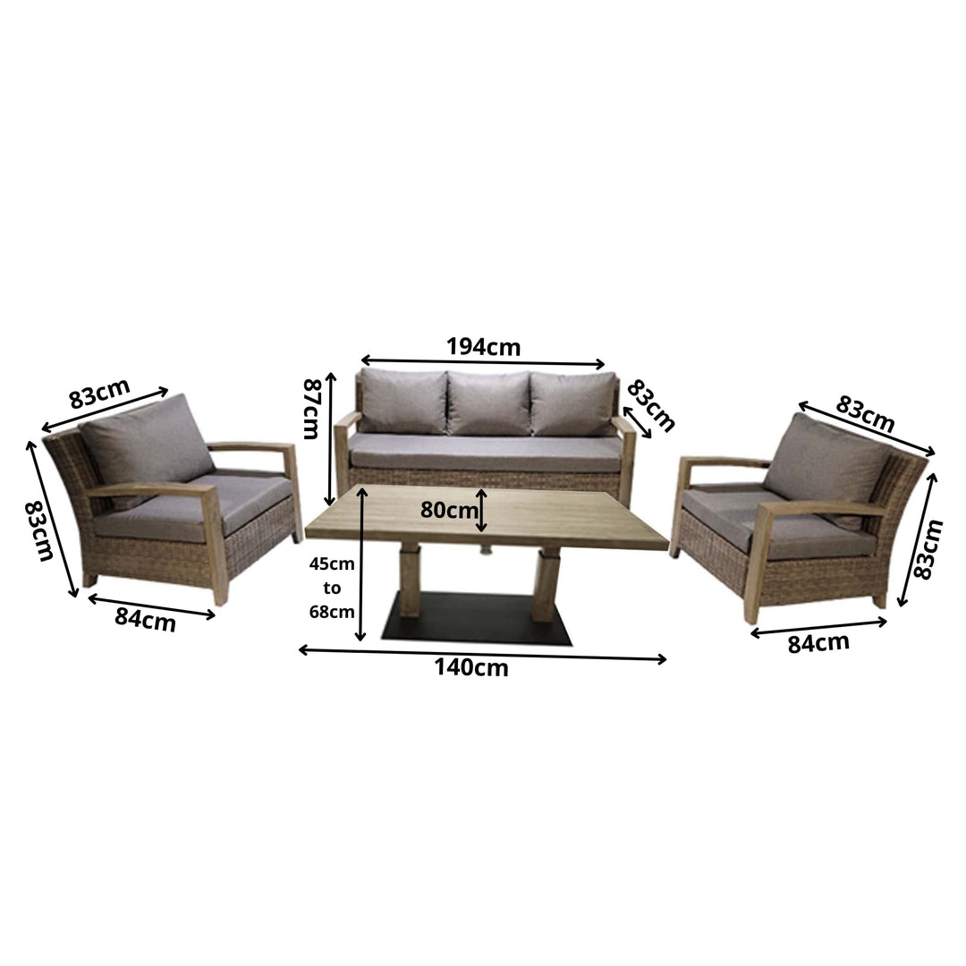 Sherwood Garden Sofa Set dimensions diagram, displaying measurements for the three-seater sofa, armchairs, and height-adjustable table.