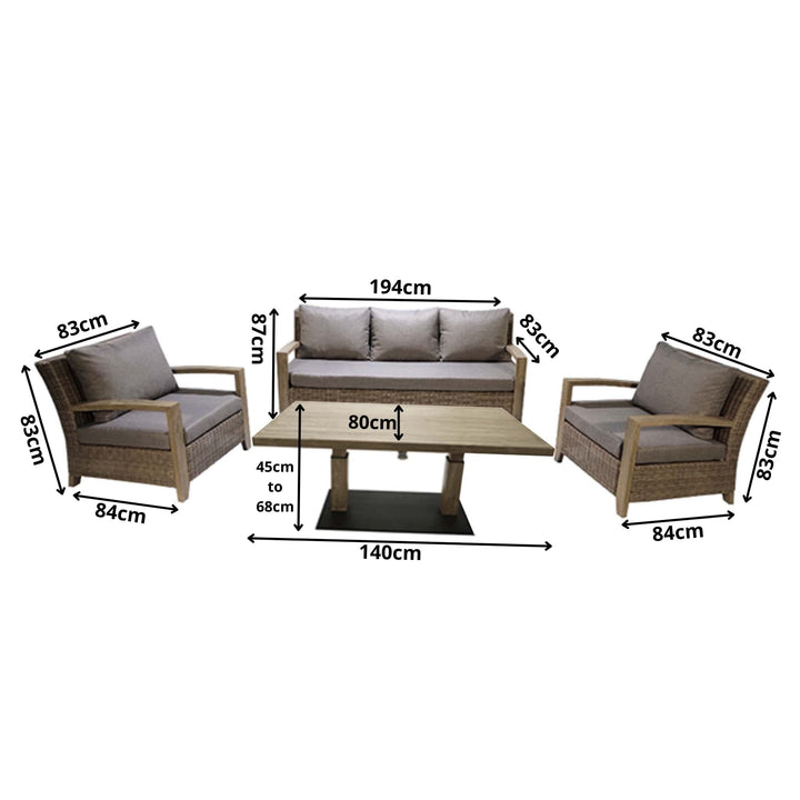 Sherwood Garden Sofa Set dimensions diagram, displaying measurements for the three-seater sofa, armchairs, and height-adjustable table.