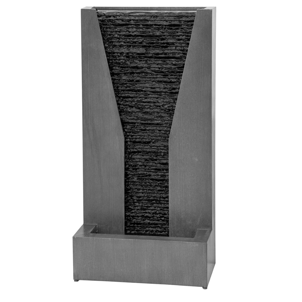 A standalone image of the tall slate water feature against a white background, highlighting its smooth concrete frame and contrasting slate waterfall.