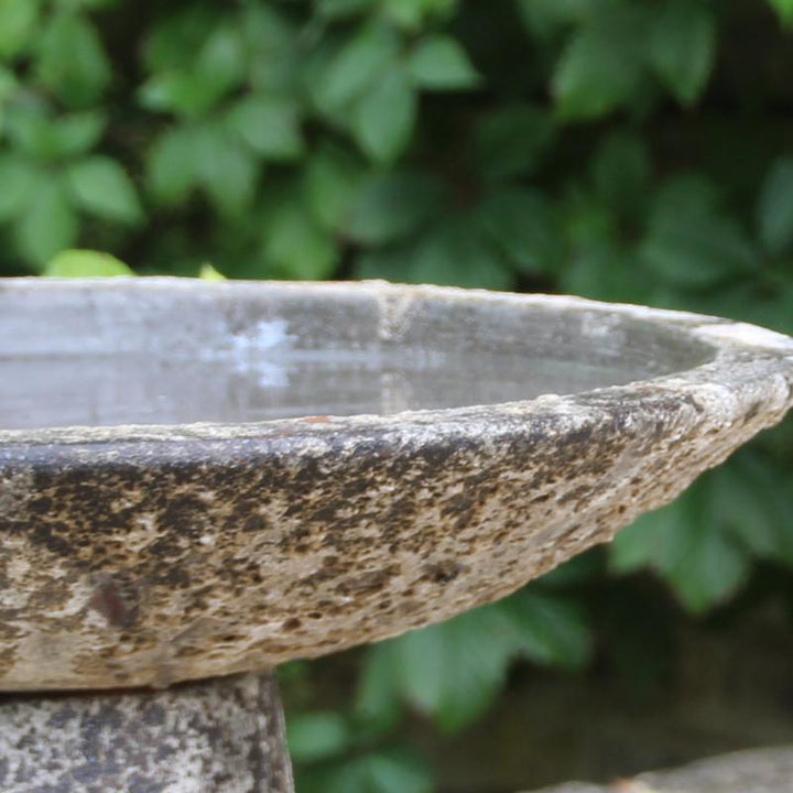 Close-up of the Ancient Salt Glaze Bird Bath’s basin edge, revealing its intricate salt-glazed texture and natural patina.