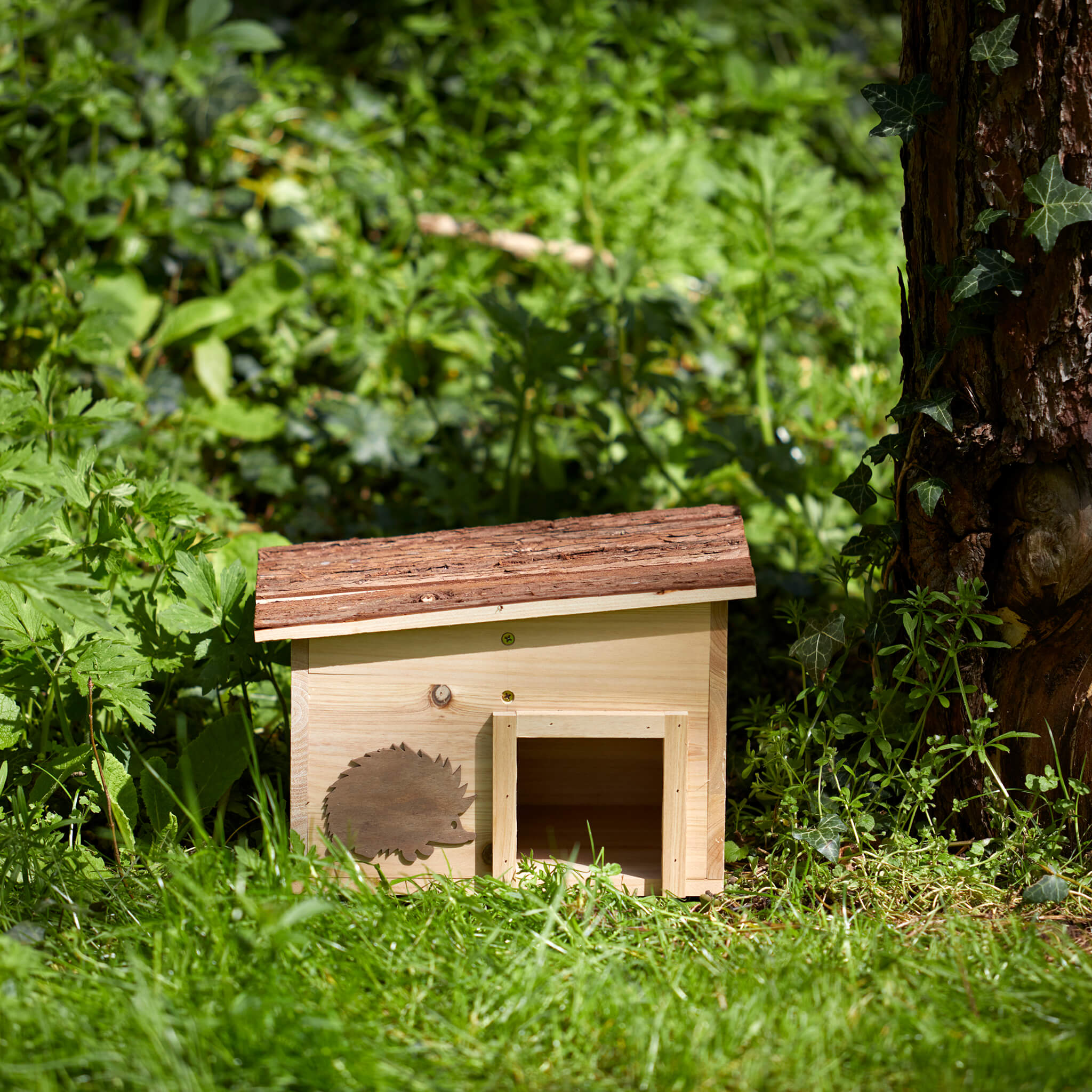 Wooden Hedgehog House With Bark Roof | Gardenesque