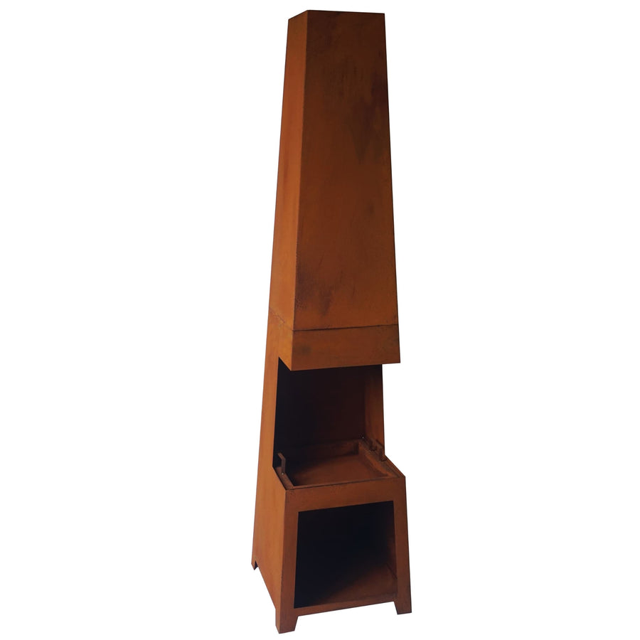 A tall rust-effect metal chiminea with a modern, geometric design. Features a large open fire chamber for burning logs and a built-in storage compartment below for convenient log storage. The weathered rust finish enhances its contemporary yet rustic aesthetic, making it a striking outdoor fireplace for patios and gardens.